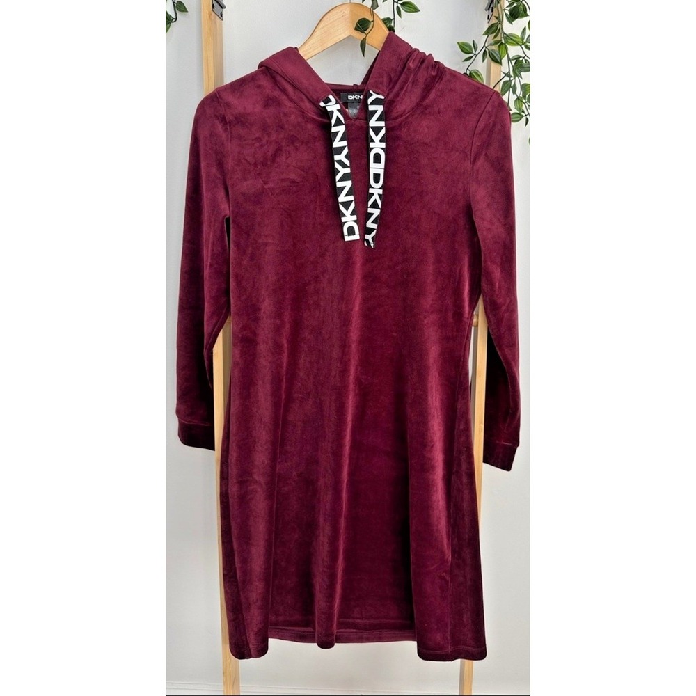 DKNY‎ Burgundy Hooded Sweatshirt Dress M Logo Drawstring Casual Athleisure Dress